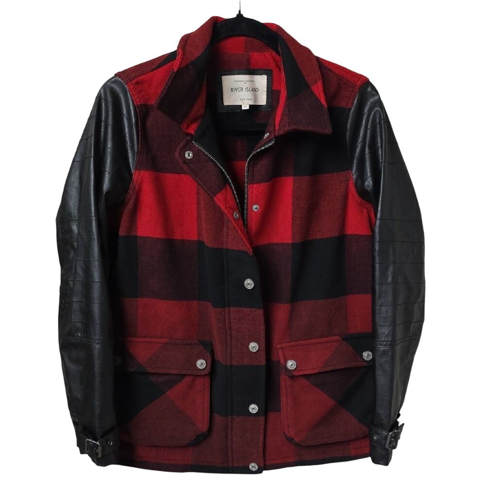 River Island Red and Black Checkered Jacket Faux Leather Sleeves Womens Size 6